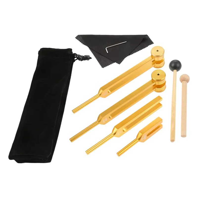 4 Piece Tuning Fork Set (4096C, MI528, 128C, OM136.1) for Solfeggio, for Chakras, Sound Healing, Stress Relief, Gold