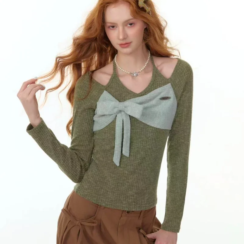 

Американский лоскутный вязаный укороченный топ с лямкой на шее, женский осенне-зимний облегающий пуловер с длинными рукавами, милый свитер Y2k