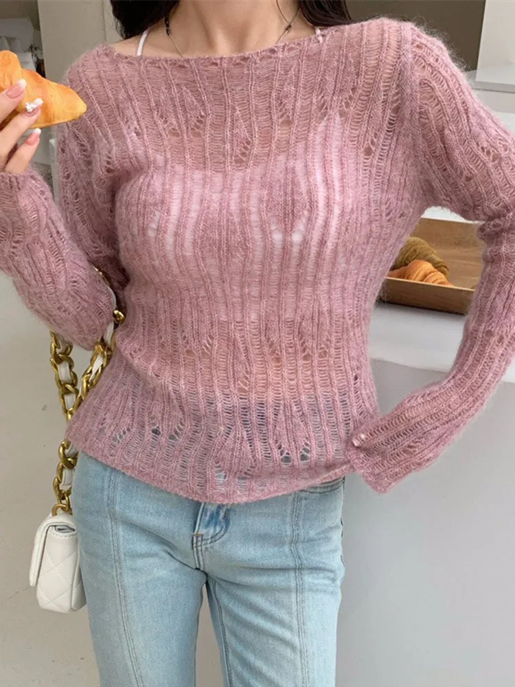 LANMREM Hollow Wool Knitted Pullover For Women 2024 Autumn New Light Thin Style Long Sleeves Sweater Female Fashion Top 2DA6815