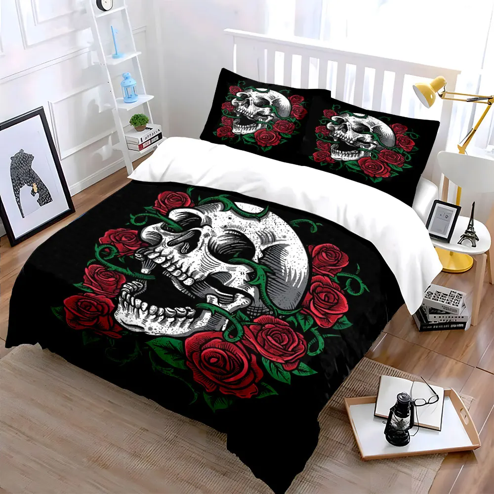 Skull with entwined roses illustration Print Bedding Set 1 Duvet Cover 2 Pillowcases for Adult and Children Luxury Gift