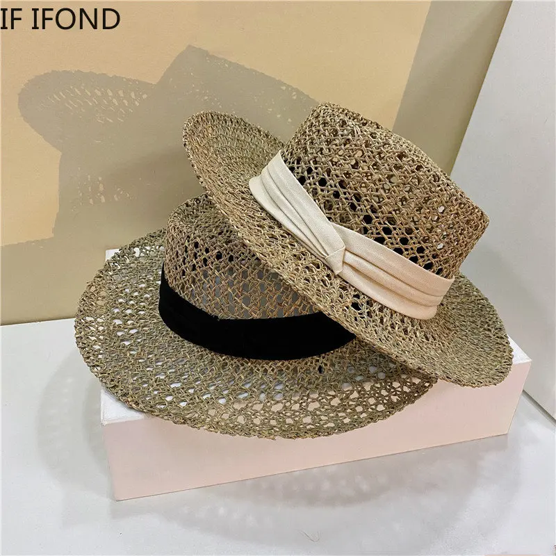 New Natural Grasses Straw Hats For Women Summer Flat Brim Beach Sun Hats Fashion Hollow Holiday Cap Chapeau Femme