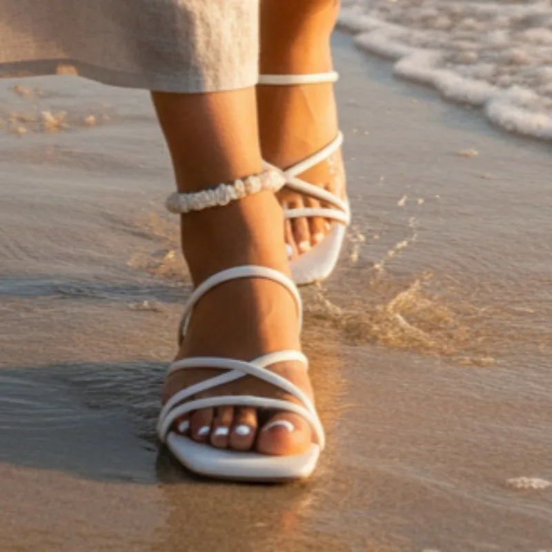 

2026 Women's Square Open Toe Solid Color Hollow Out Breathable Slippers Summer New Women Lightweight Vintage Fashionable Sandals