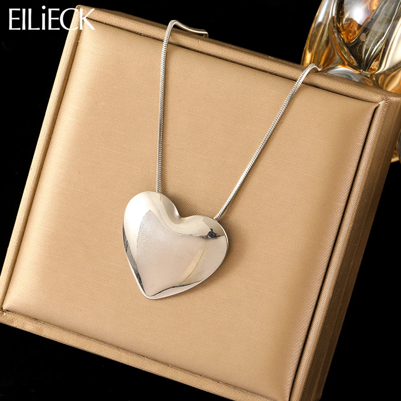 

EILIECK 316L Stainless Steel Large Silver Color Glossy Heart Pendant Necklace For Women Fashion Neck Chain Waterproof Jewelry