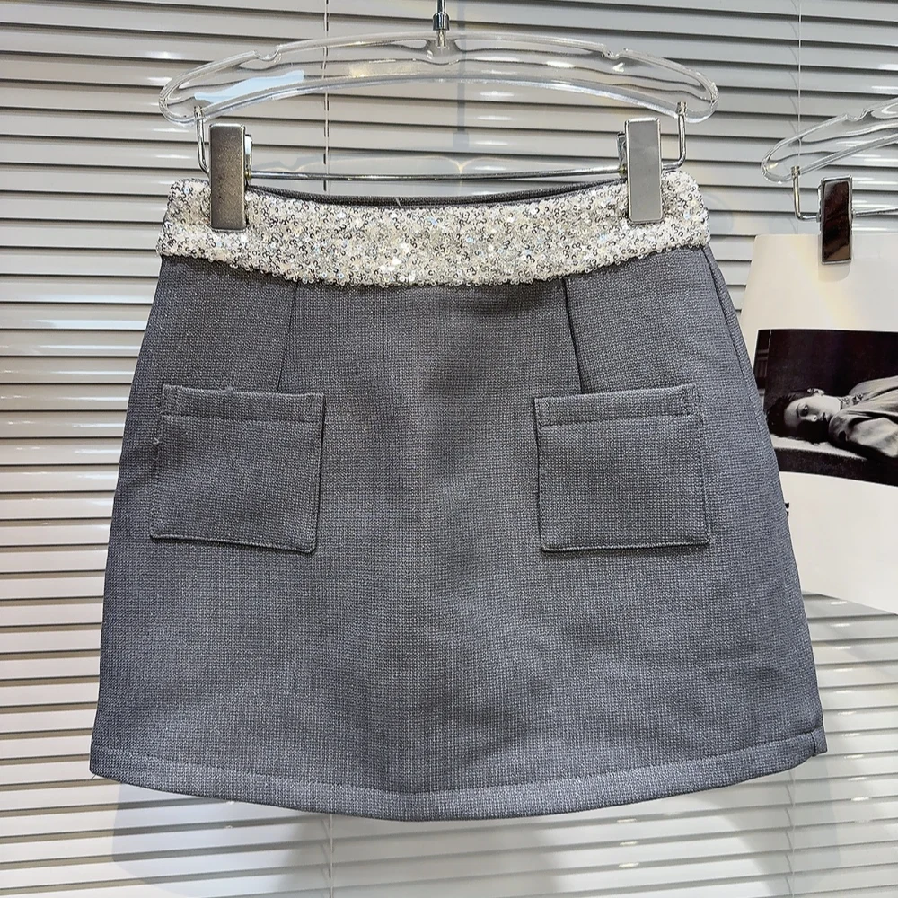 

Silver Sequin Waist Splice Mature ort Skirt Bodycon f-length Midi Skirt Trendy 2025 Summer New Sle Ladies Faion