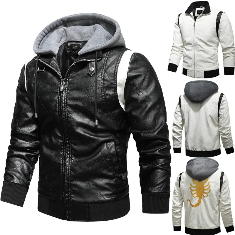 2024 Autumn Winter Men\'s Leather Jacket High Quality Korea Fashion Youth Hooded Leather Coats EUR Size 3XL Blouson Homme Hiver