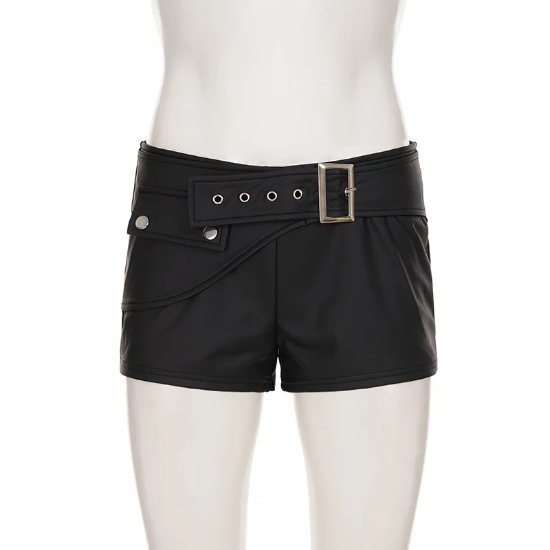 スパイスガールズ風バックルベルトPUレザーショートパンツ レディース レトロ ナイトクラブ セクシー ローウエスト ヒップラップ レザーショートパンツ