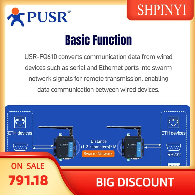 PUSR Serial/Ethernet to Wireless Swarm Converter 1*RS232/1*RS485/1* Ethernet, Supporting TCP UDP USR-FQ610