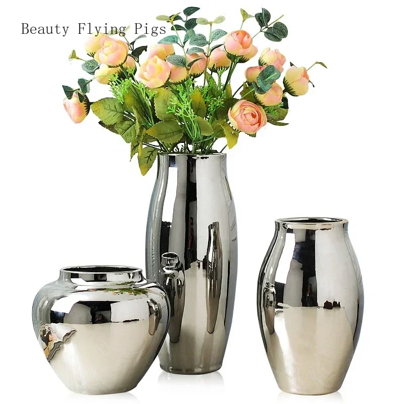 Home living room TV cabinet wine cabinet decoration ornaments simple fashion soft work art ceramic gold-plated silver vase
