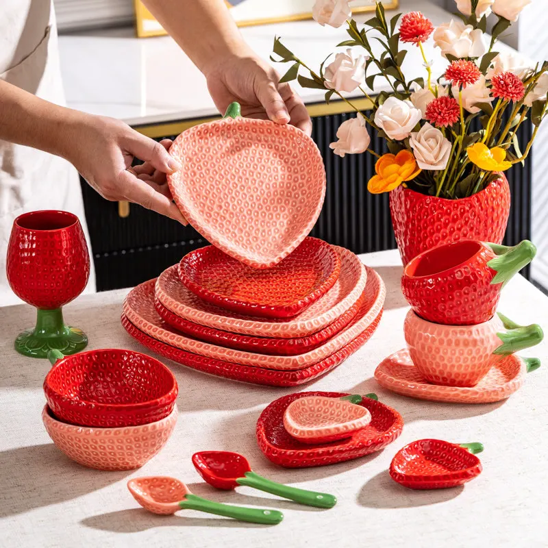Cute Strawberry Shape Ceramic Tableware, Creative Fruit Dinner Plate Bowl Mug Teapot, Home Kitchen Dinnerware, Party Table Decor