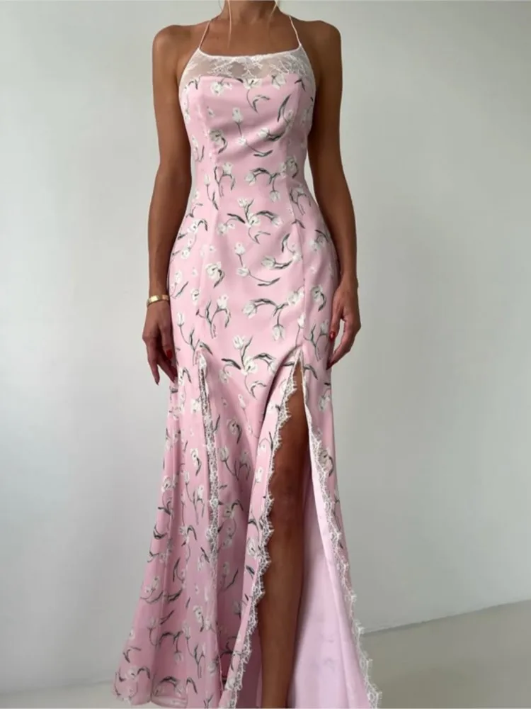 Sommer Blumendruck Maxikleid Outfits Sexy Rückenfrei Fee Sonne Spaghettiträger Kleid Urlaub Beachwear Vestido Coquette