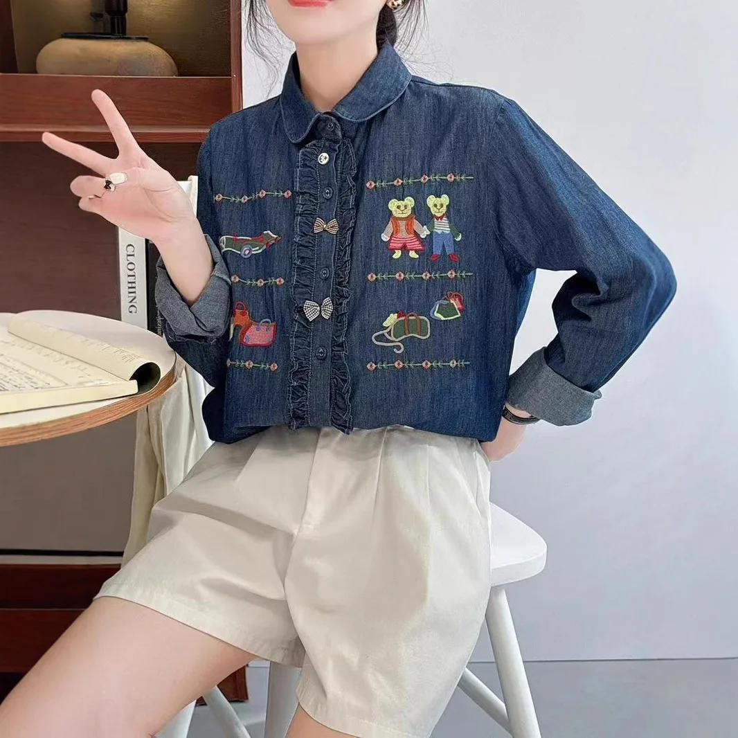 Spring New Japanese Vintage Mori Girl Cartoon Bear Embroidery Denim Cotton Shirts Women Turn Down Collar Long Sleeve Casual Tops