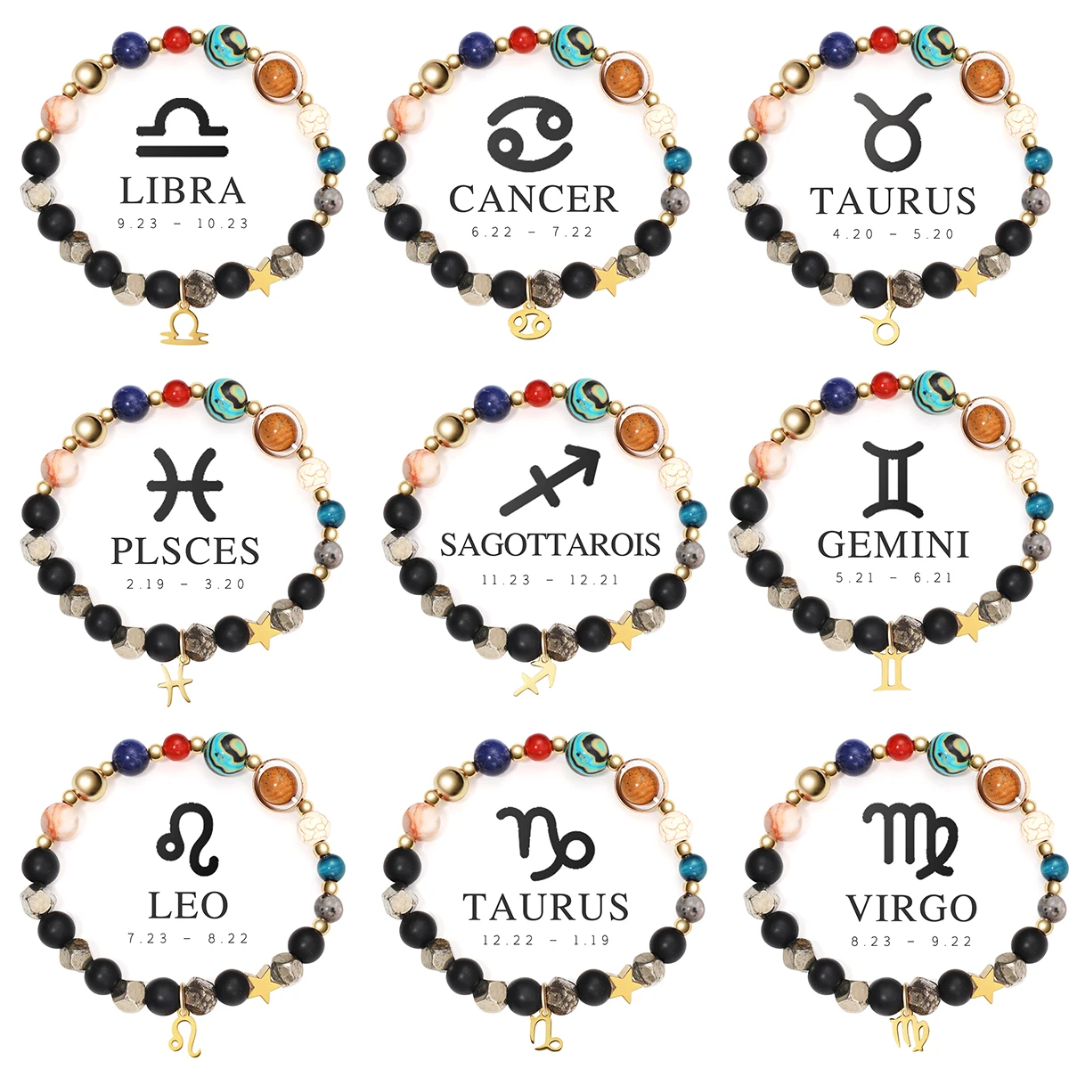 Bestselling Twelve Zodiac Bracelets Matte Black Stone Pyrite Bracelet Aries Taurus Aquarius Capricorn Birthday Month Bracelet