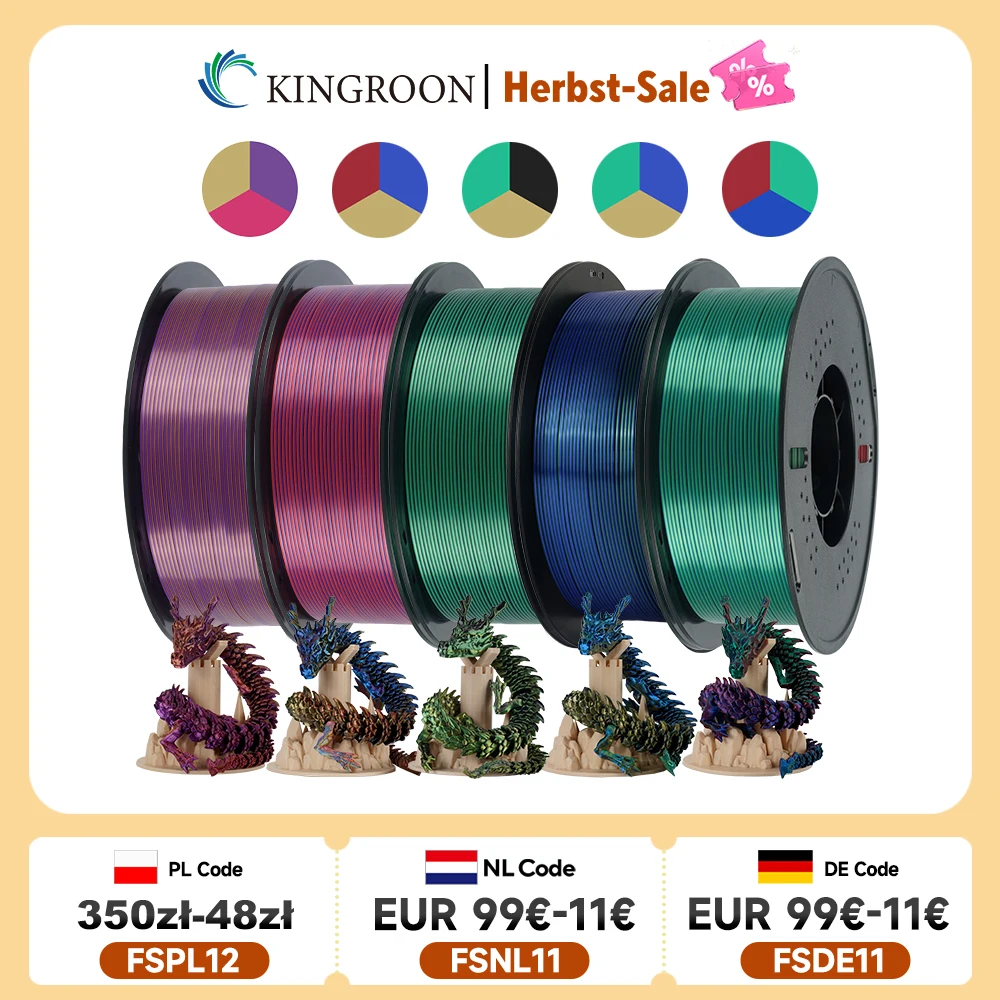 KINGROON 5KG Silk Tricolor PLA Filament 1.75mm, Three-colour Coextrusion 3D Printing Material, New Color Change, 5Roll 1kg/Spool