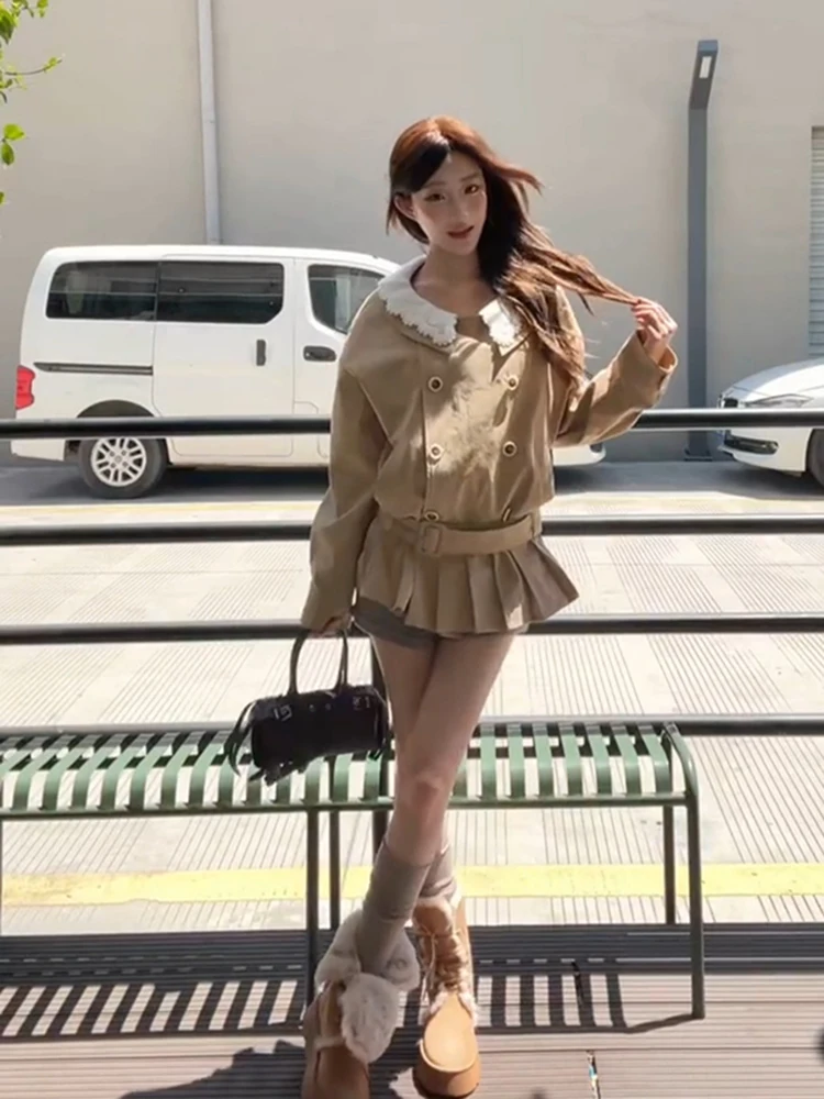 카키 레트로 더블 브레스티드 코트 재킷 여성용 가을 2025 신상 돌칼라 스플라이싱 벨트 숏 코트 한국 스타일 스트레이트 튜브