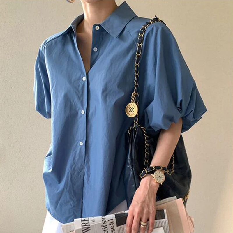 Fashion Blue Short Sleeve Loose Casual Shirt Women Summer Puff Seeve Blouse Women Tops Slim Elegant Vintage Lady Shirts New 8385