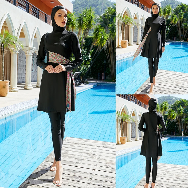 Muslim swimsuit with hijab for women, 3-part swimsuit with long sleeve, burkini, hijab, black color