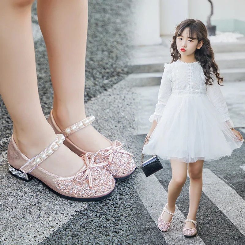 

Princess Leather Pearl Anti-Slip Kids High Heels Shoes for Girls School Dance Party Crystal Shoes Autumn Spring Big Sizes 26-36