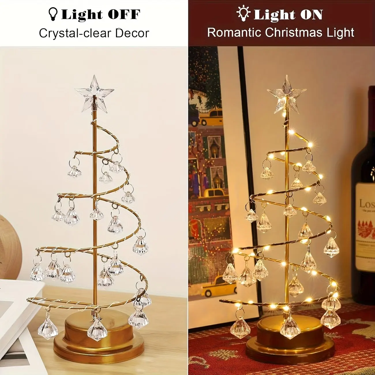 LED Crystal Christmas Tree Night Lights Battery Operated Table Lamp with Top Star Indoor Home Room Desk Table Decorations