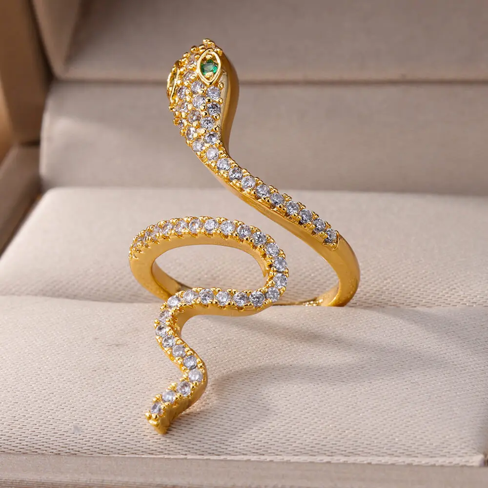 Luxury Rhinestone Zircon Snake Rings For Women Stainless Steel Gold Color Open Adjustable Ring Aesthetic Jewelry anillos