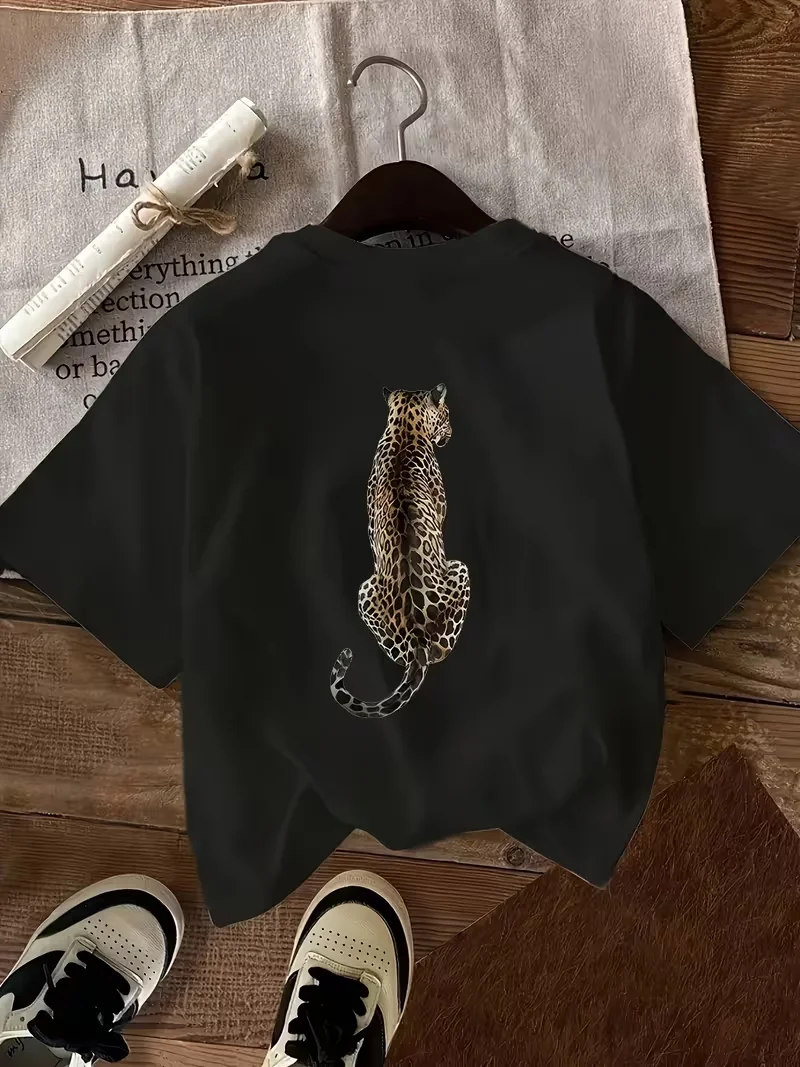 Leopard Print Round Neck Short Sleeve T Shirt for Women Casual Sports Style Soft Breathable Lightweight Eco Friendly Personality