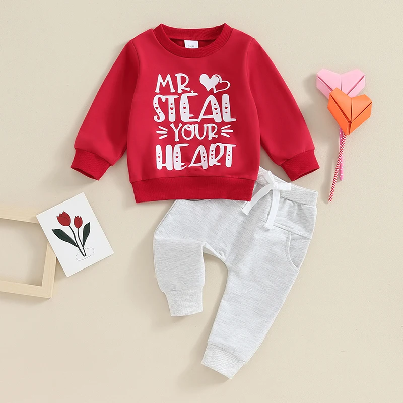 Toddler Valentine s Day Set with Heart Print Long Sleeve Top and Elastic Waist Pants for Baby Boy Fall Outfits