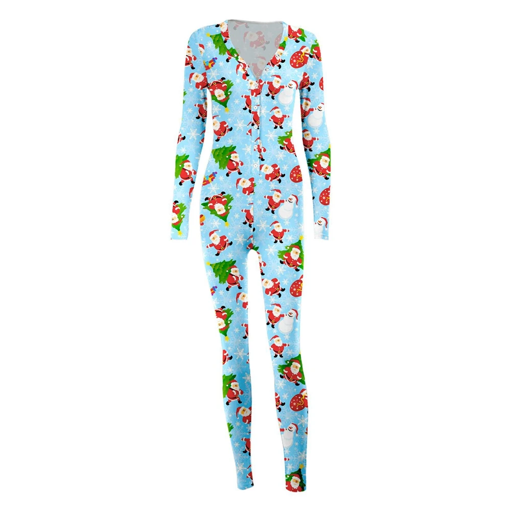 Dames Kerst Pyjama Oneseies Romper Lange Mouw Jumpsuit Nachtkleding Cartoon Print Nachtkleding