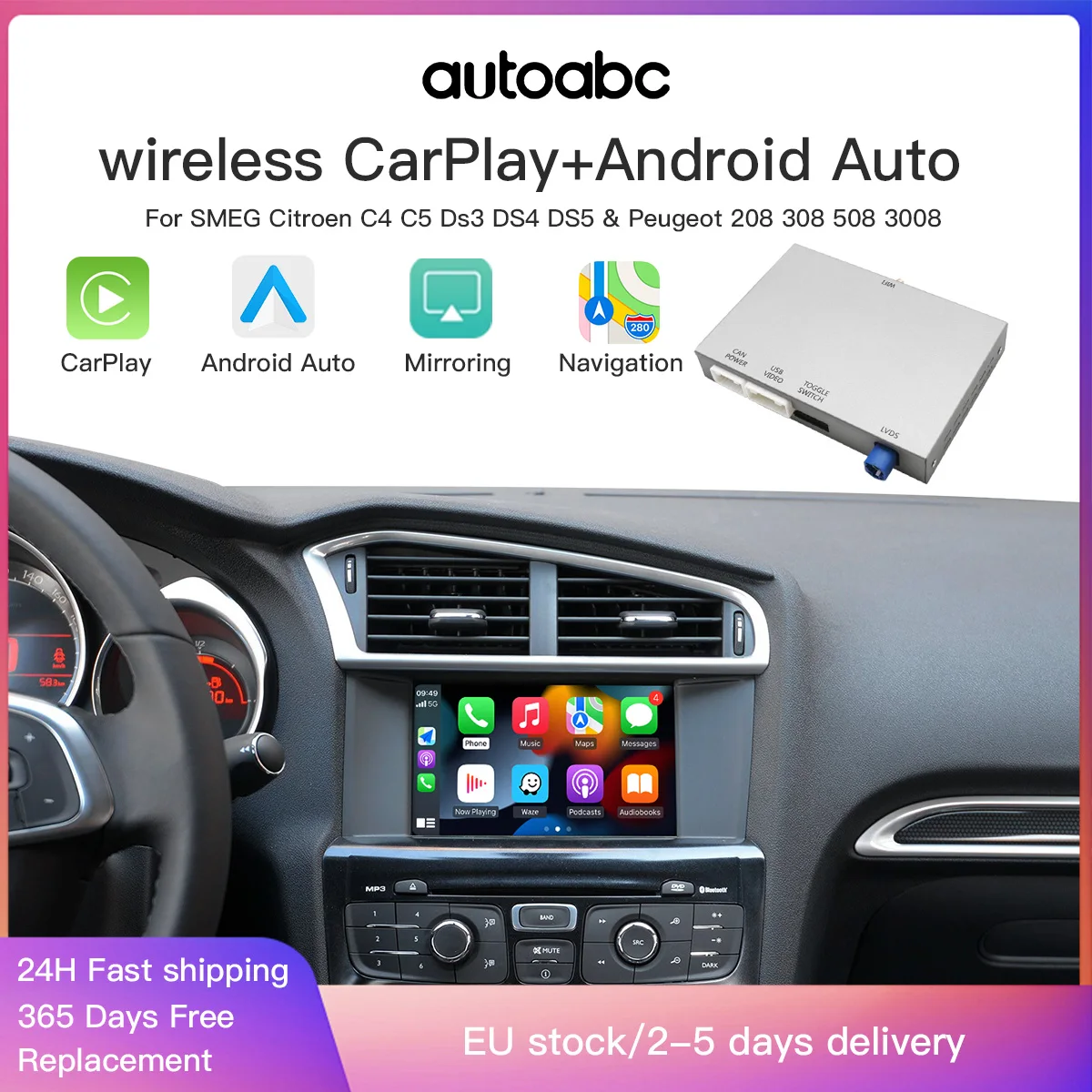 AUTOABC Wireless Carplay Android Auto Module For Peugeot 208 308 508 3008 C4 DS3 DS4 DS5 SMEG Airplay Mirror Link