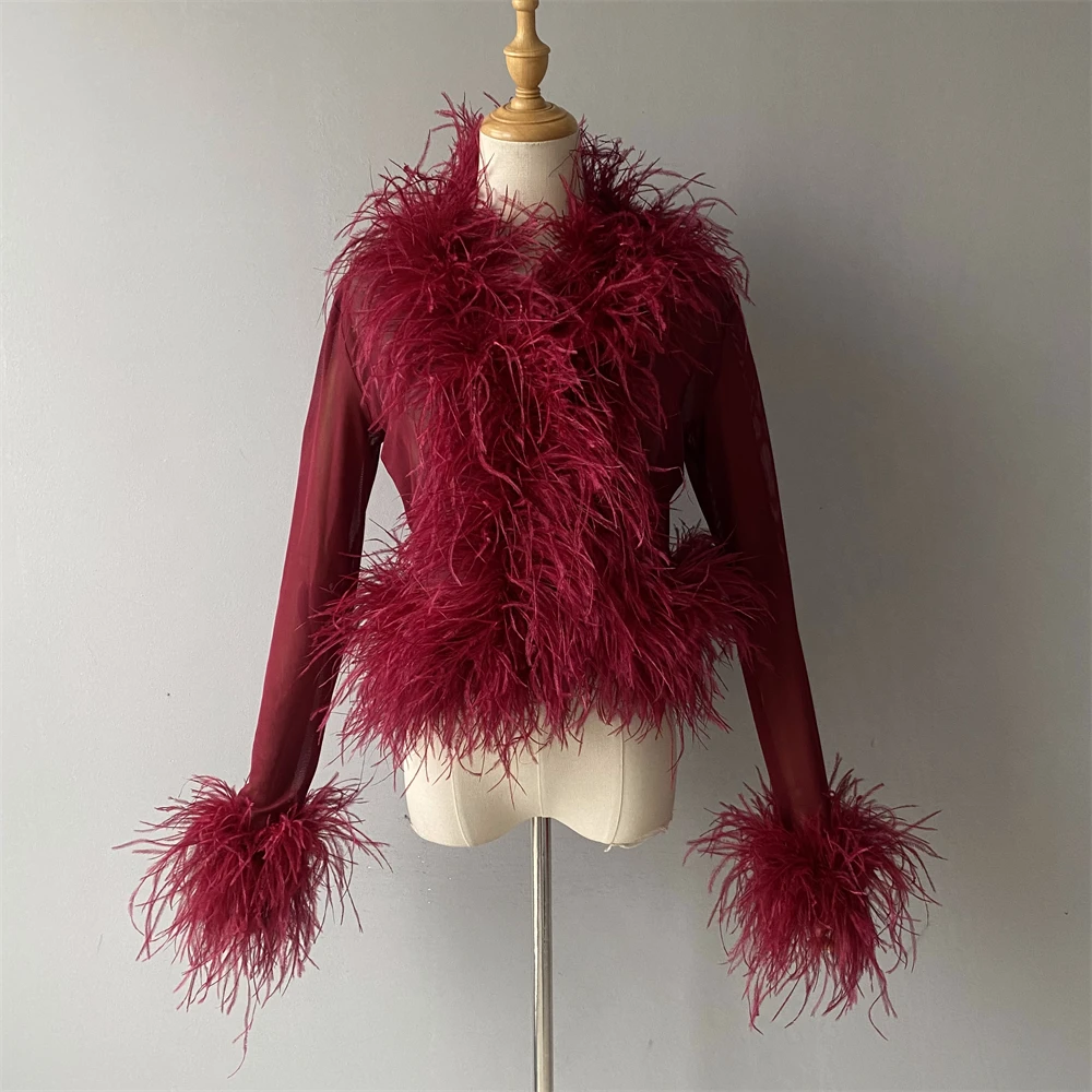 Jxwatcher Women's Sexy Mesh Feather Tops Spring Summer Ladies Vintage Celebrity Real Ostrich Feather Coat Fashion Party Wear New