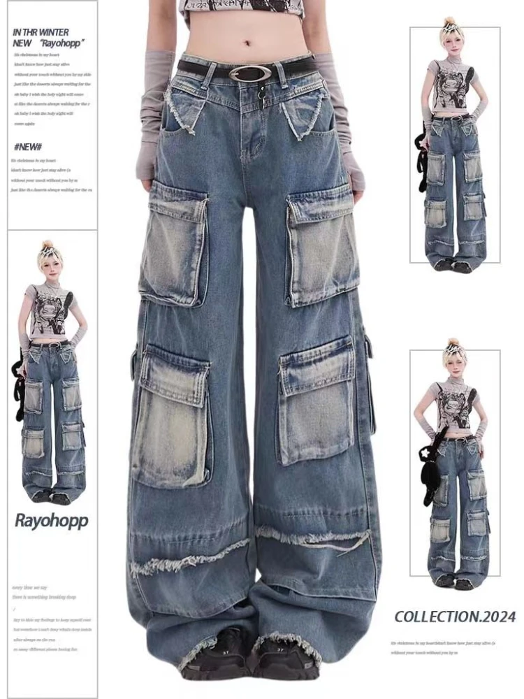 ADAgirl Multi-pocket Cargo Jeans Women Y2k Hip Hop Retro Baggy High Waist Wide Leg Denim Pants Harajuku Streetwear Chic Bottoms