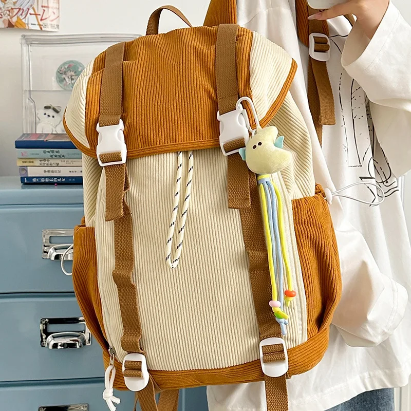 

Stripe Corduroy Woman Backpack Purse Simple School Bag for Teenage Girls Female Travel Bagpack Kawaii Student Book Bag Rucksack