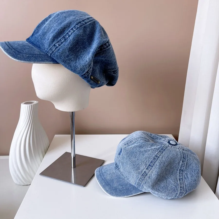 Cloud Top Boina Washed Cotton Demin Octagonal Beret Cap Women Korean Japanese Retro Jean Oversized Chunky Painter Newsboy Hats