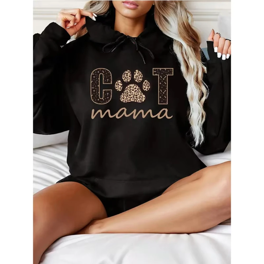 Casual Cat Paw Print Letter Geometric Pattern Hoodies Long Sleeves Drawstring Pullovers Women Graphic Kangaroo Pocket Sweatshirt