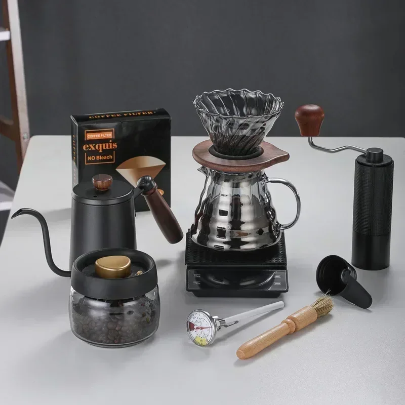 Smoke Grey 600MLV-funnel Hand Rinsed Coffee Pot Set Hand Grinder Coffee Machine Hand Shake Household Small Coffee Bean Grinder