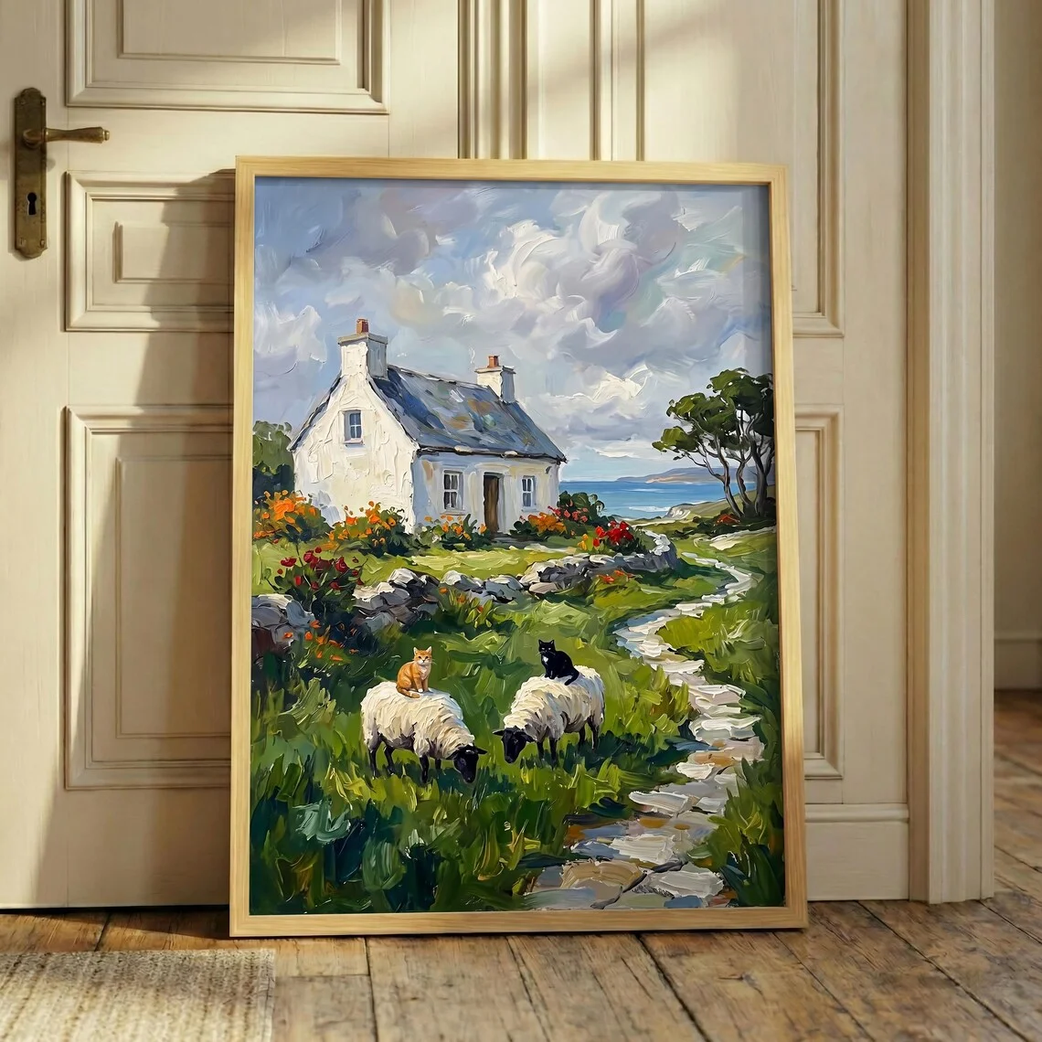 Irish Cottage Painting, Cats Riding Sheep Print, Connemara Landscape Art, Funny Cat Wall Decor, Coastal Farmhouse Poster,