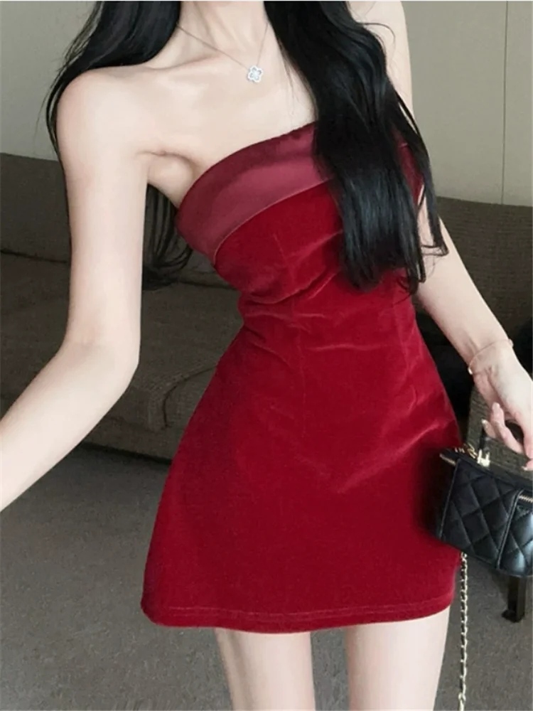 

Горячее сексуальное красное мини-платье без бретелек с разрезом на шее, модное женское бархатное короткое платье трапециевидной формы, винтажное платье без рукавов для маленьких девочек