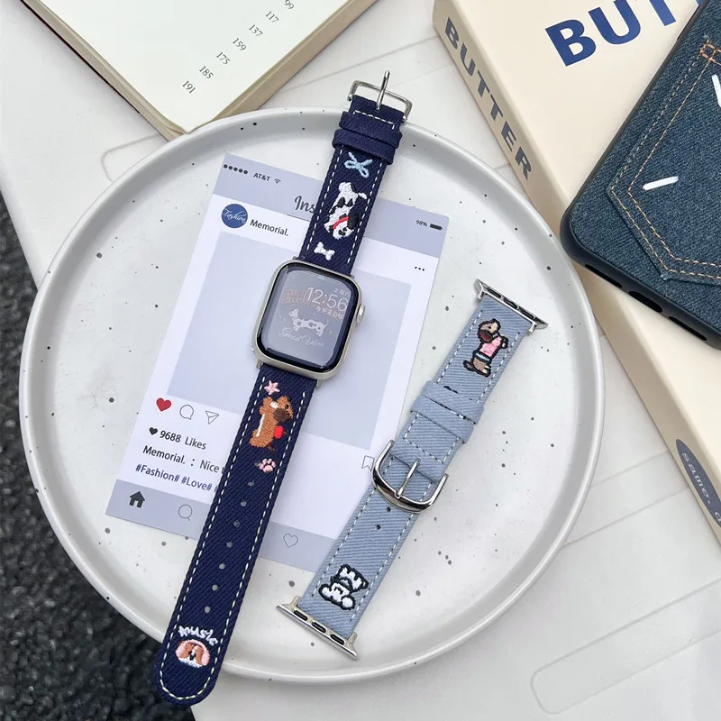 Embroidered Denim Leather Watch Strap For Apple Watch Band 49mm 42mm 46mm 45mm 44mm 41mm 40mm Girl Band For iwatch 10 9 8 Ultra2