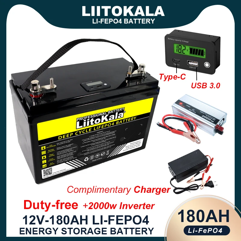 Imagem -03 - Bateria 12.8v 180ah 12v Baterias de Lítio 4000 Ciclos Usb 3.0 Tipo-c Saída Touring Car Vento Solar 14.6v Carregador Tax Lifepo4