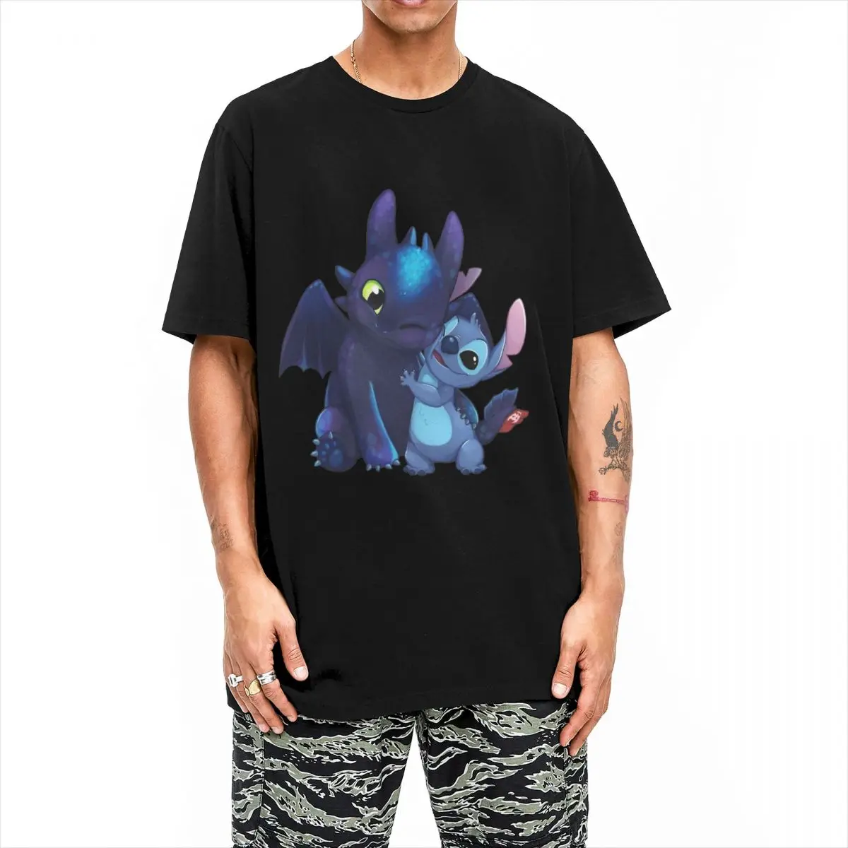 Stitch Et Krokmou Toothless Men Women's T Shirts Novelty Tee Shirt Short Sleeve Crewneck T-Shirts Pure Cotton Printing Clothing