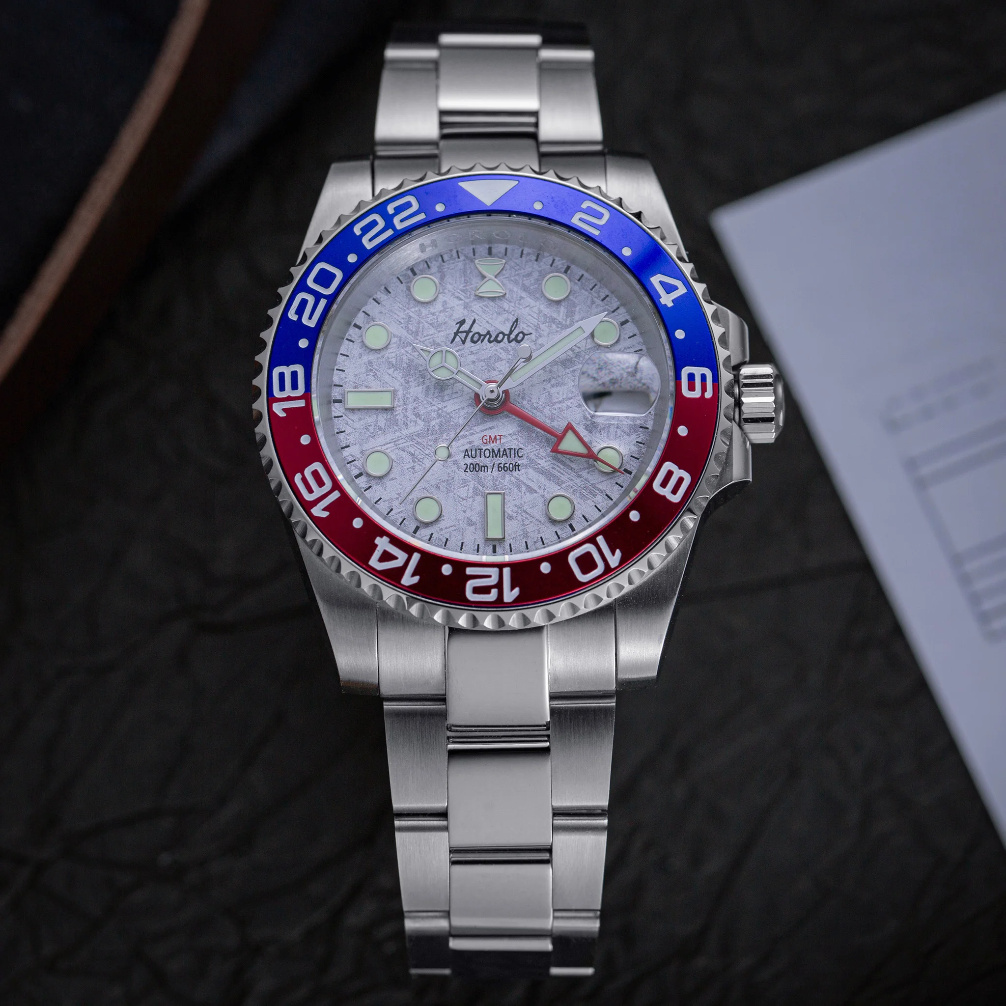 

Horolo Men's Automatic Watch Japan NH34 GMT Movement 200M Water Resistant Sapphire Crystal Luminous Stainless Steel 316L Watches