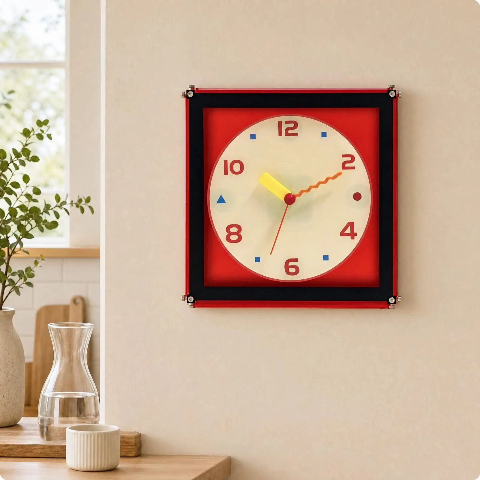 Modern Acrylic Wall Clock Red Frame Silent Square Design for Kitchen Living Room Office Indoor Wall Display