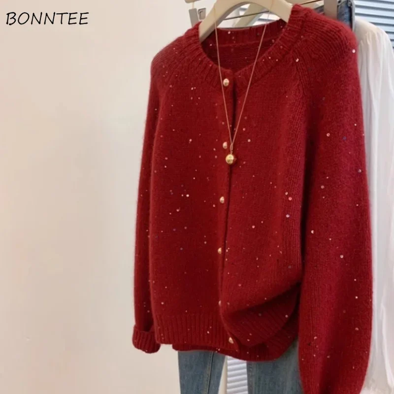 Red Sequined Cardigan Women Loose Knitted Sweaters Tender All-match Popular Autumn Winter Button-up Korean Style Design 2024