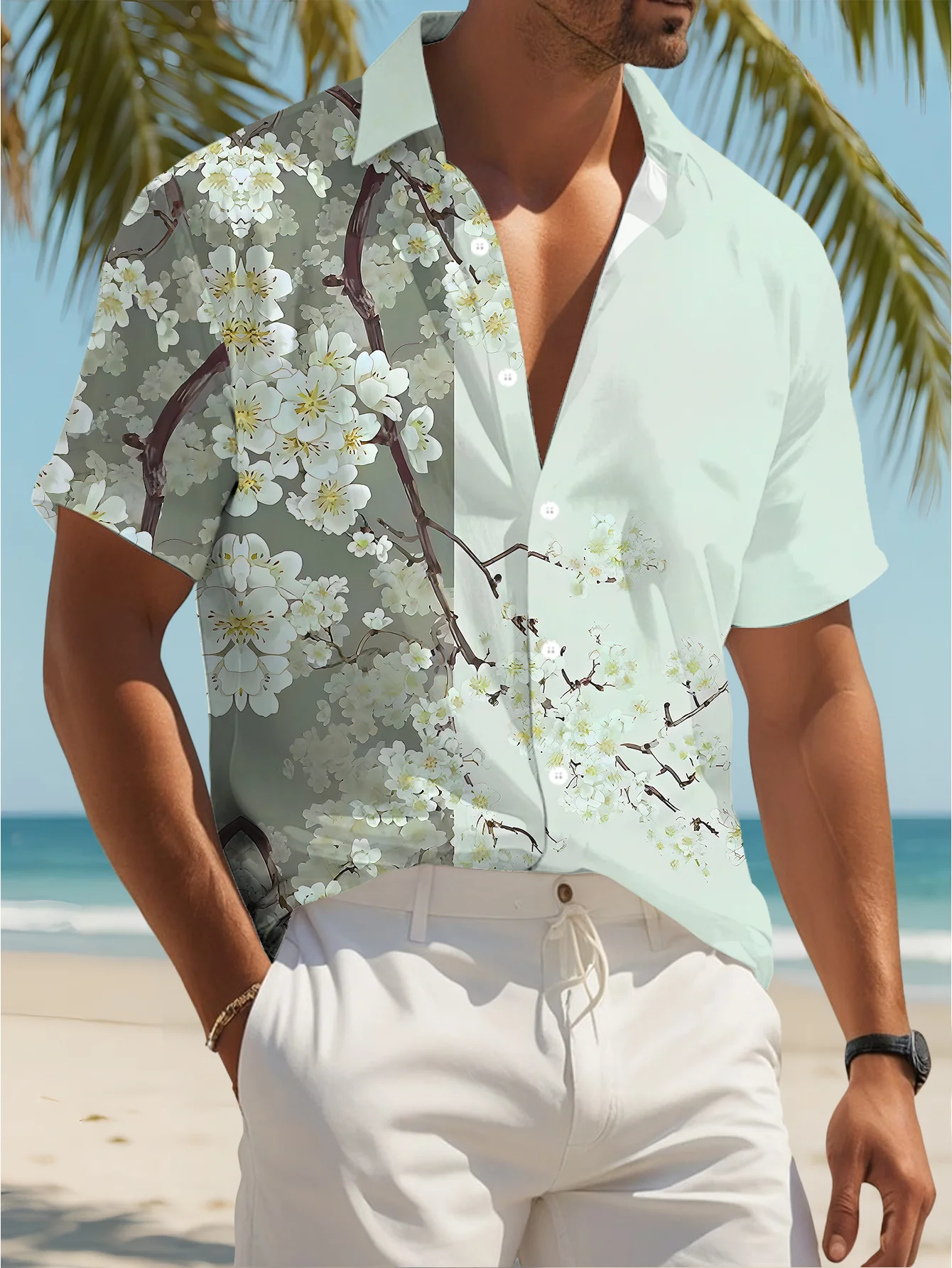 Men's Cherry Blossom Floral Print Short Sleeve Lapel Shirt Summer Beach Loose Casual Mens Clothing