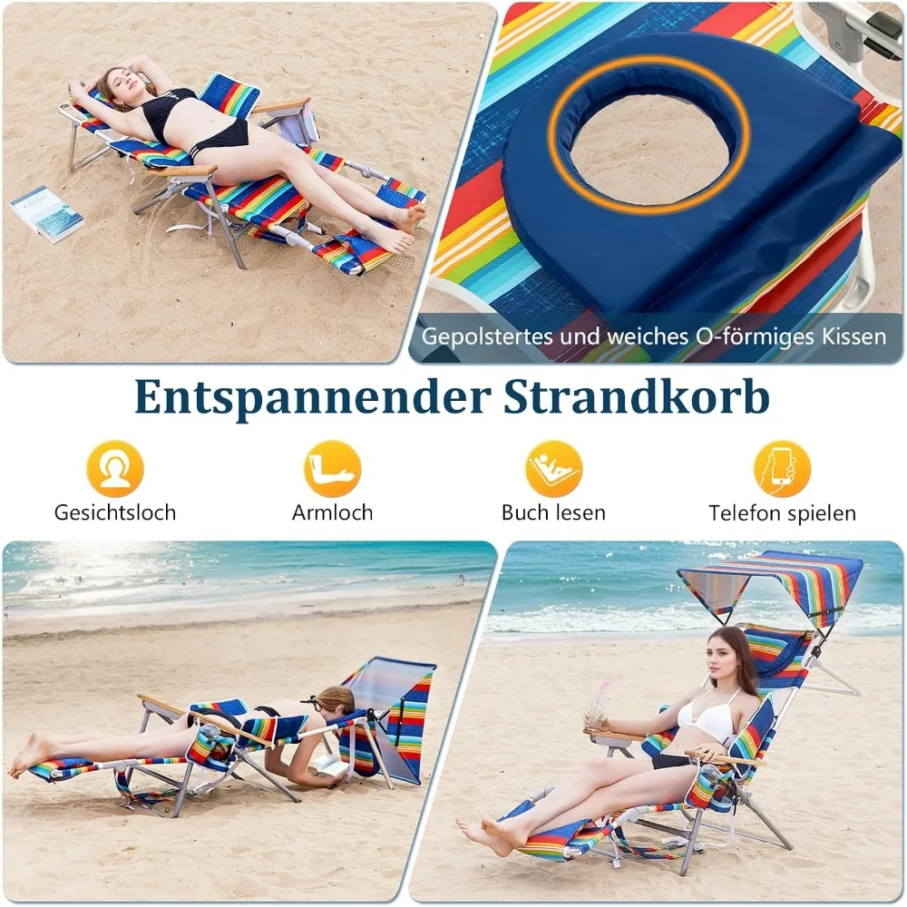 كرسي شاطئ 4 في 1 مع مظلة وكرسي تسمير البشرة وفتحات للوجه والذراع ووسادة قطنية ومساند للذراع للاسترخاء النهائي