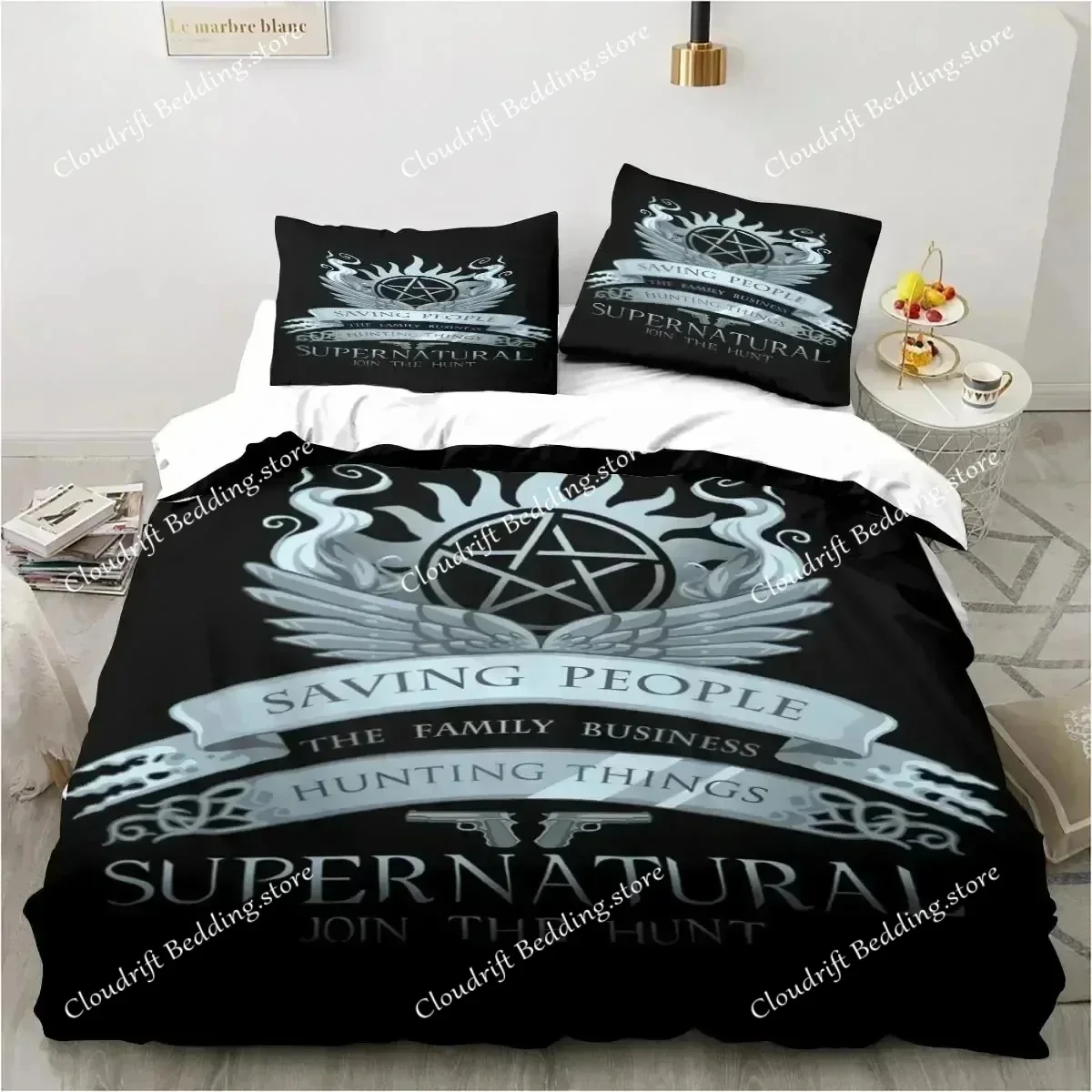 

Комплект постельного белья с логотипом Supernatural: пододеяльник, наволочки, одеяло, размеры King/Queen, для мальчиков и взрослых, артикул 026