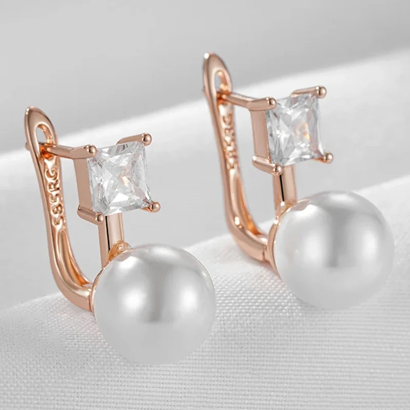 Wbmqda Simple Pearl Drop Earrings For Women 585 Rose Gold Color With Natural Zircon High Quality Daily Jewelry