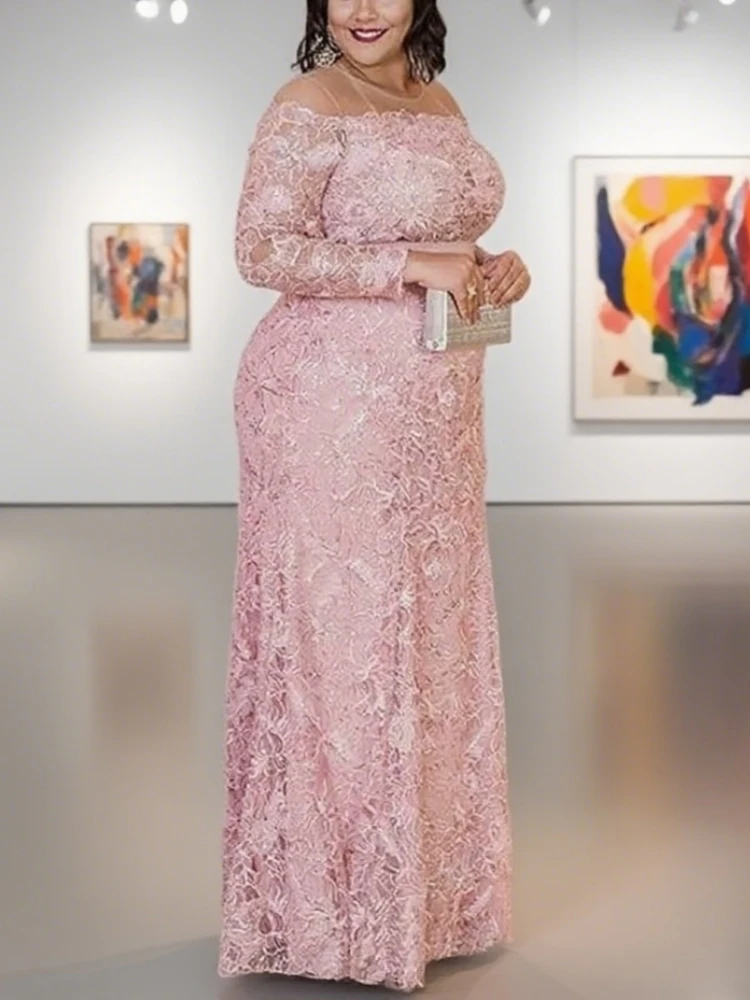 فساتين أم العروس الوردية جوهرة الرقبة طويلة الأكمام حورية البحر الدانتيل الكامل مثير الطابق طول فساتين السهرة فستان الزفاف الضيوف