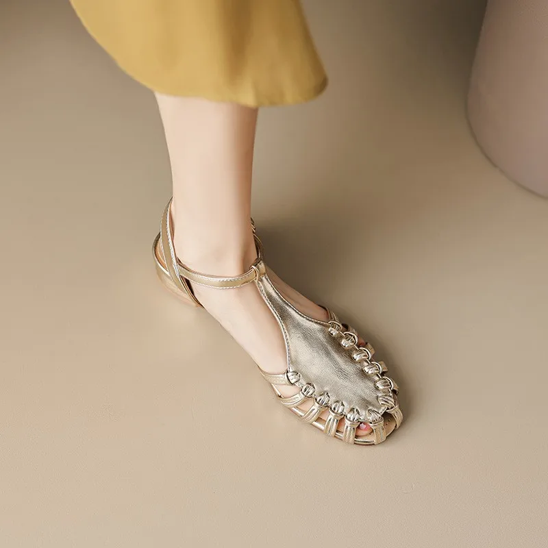 Flat Sandal Shoe 2024 Women\'s Buckle Strap Summer Heels Suit Female Beige Without New Low Velvet Girls Comfort Black Fashion Spr