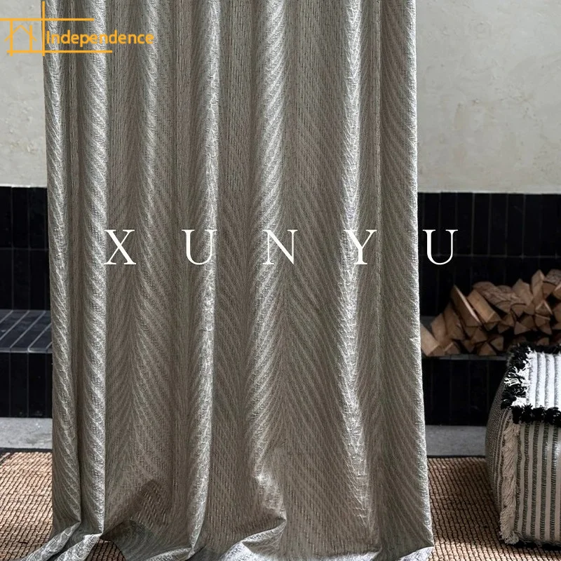 New Linen Textured Custom Grey Vertical Stripe Jacquard Blackout Curtains for Living Room Bedroom French Window Finished Product