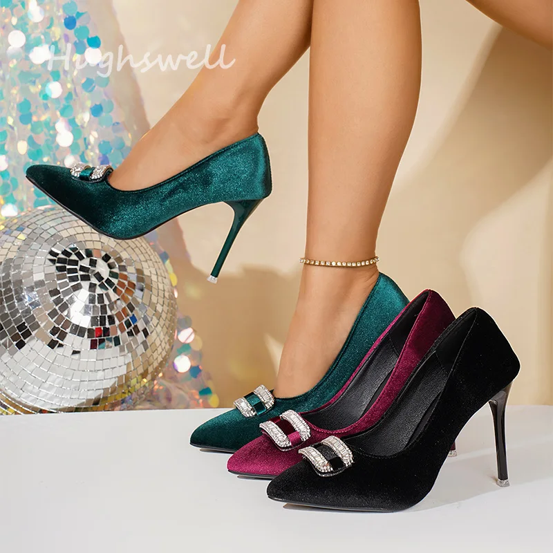 Luxury Crystal Velvet Pump Shoes Woman Elegant Pointed Toe 10cm Thin High Heel Velour Zapatos Ladies Evening Party Dress Shoes
