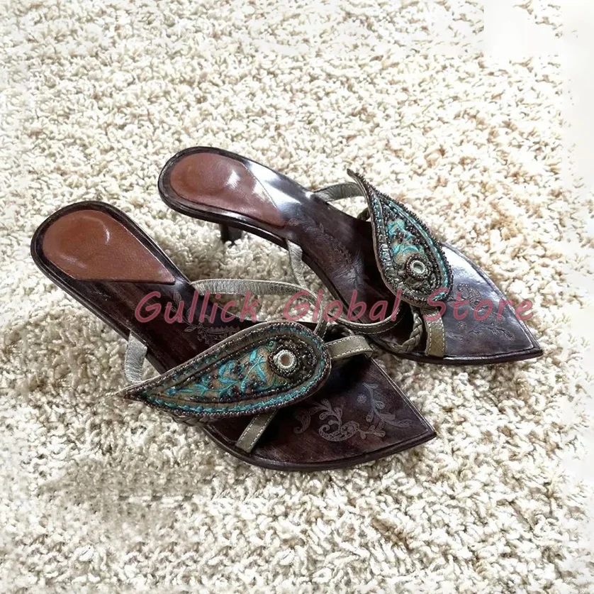 2024 New Slides Genuine Leather Pointed Toe Rhinestone Embroidery Retro Luxury Slippers Summer Dress Cosy Casual Leisure Shoes